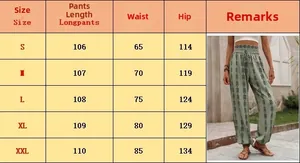 Size chart showing measurements for bohemian geometric print high waisted lantern pants