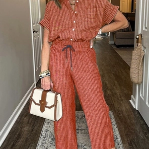 Women's 2-piece red orange striped set with short sleeve shirt and wide leg pants