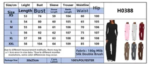 Detailed size chart for women's long sleeve lounge set with fabric and measurement info