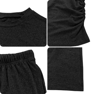Women's casual knit lounge set with round neck, elastic waistband, and side ruching detail