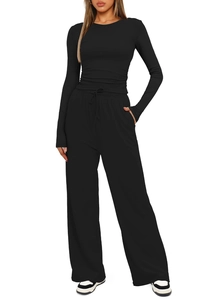 Detail of black long sleeve top and high waist drawstring wide leg trousers lounge set