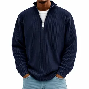 Men's navy corduroy polo sweatshirt with quarter zip and stand collar in slim fit design