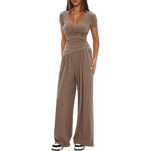 Damen 2-Teiler Freizeit-Set mit V-Ausschnitt Oberteil und High Waist Weitbein-Hose in Taupe