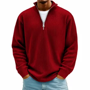 Men's red rib-knit polo shirt with a half-zip stand collar and raglan sleeves