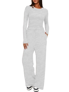 Light gray knit two-piece set featuring long sleeve crewneck top and high waist wide leg pants