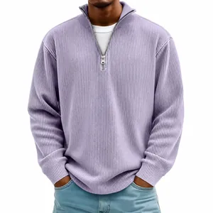 Men's quarter-zip polo shirt in light purple featuring vertical corduroy knit texture
