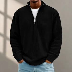 Men's autumn black corduroy quarter-zip polo shirt with stand collar and ribbed cuffs