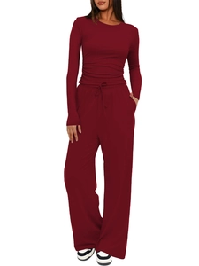 Detail of burgundy lounge set featuring long sleeve top and drawstring wide leg pants