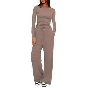 Set da casa due pezzi donna con top a maniche lunghe arricciato e pantaloni larghi a coulisse