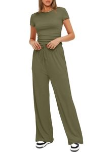 Detail of olive green high-waisted wide-leg trousers with drawstring and soft texture