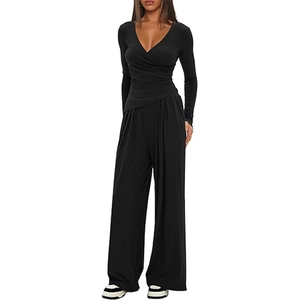 Conjunto de 2 piezas negro para mujer con top de cuello en V y pantalón ancho
