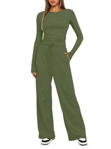 Detail of high waist drawstring on olive green wide leg pants and soft knit fabric