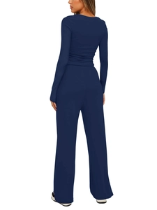 Back view of a deep blue long sleeve top and high waist wide leg pants set for women