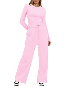 Detail of pink long-sleeve knit top and drawstring wide-leg pants lounge set for women