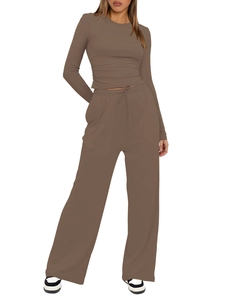 Detail view of brown long sleeve top and drawstring wide leg trousers lounge set