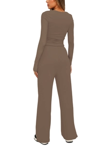 Rear view of brown long sleeve crop top and high-waisted wide-leg trousers set
