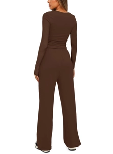Detail of high-waist wide-leg pants back view in soft dark brown stretch knit fabric