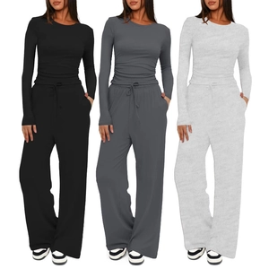 Women's Two Piece Lounge Outfit Long Sleeve Slim Top And Drawstring Wide Leg Pants Casual Home Wear Rib Knit Clothing