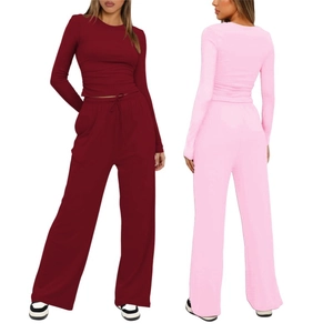 Women long sleeve crew neck top and high waist drawstring wide leg lounge set in burgundy