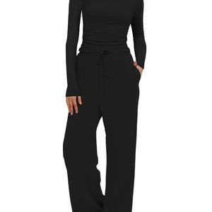 Women's black minimalist long sleeve loungewear set with high waist drawstring wide leg pants