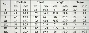 Detailed size chart for men's summer T-shirt showing S-4XL in CM and inches