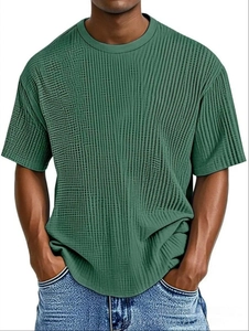 Detailed view of men's green t-shirt showing vertical ribbed knit texture and crew neckline