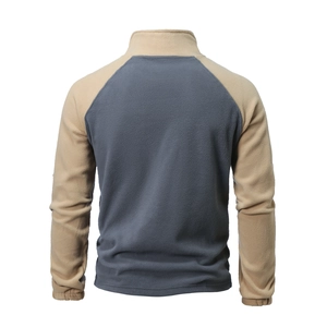 Tactical polar fleece pullover jacket in grey-blue and khaki contrast back view
