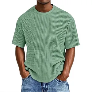 Men's casual light green short sleeve T-shirt with breathable waffle texture fabric