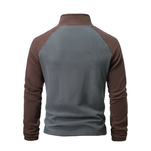 Back view of a fleece pullover featuring color-block raglan sleeves and a stand collar