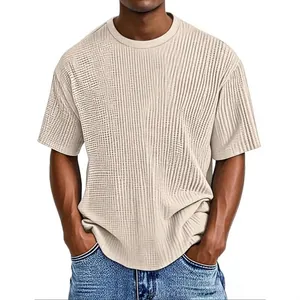 Men's casual summer short sleeve T-shirt in beige waffle texture fabric with classic crew neck