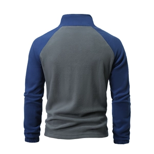 Rear view of tactical fleece pullover showing navy raglan sleeves and grey torso