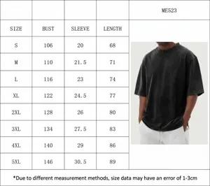 Detailed size chart for men's washed distressed vintage crew neck short sleeve t-shirt