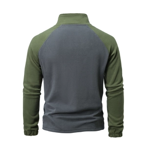 Back view of men's fleece pullover featuring olive green and dark grey color blocking