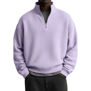 Men Casual Waffle Knit Sweatshirt Half Zip Stand Collar Long Sleeve Pullover Loose Fit Solid Color Polyester Top Ribbed Trim