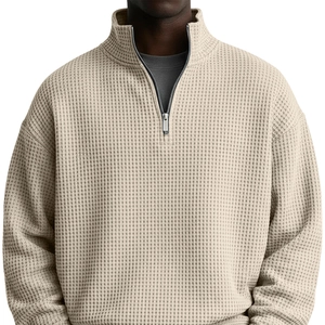 Men's waffle knit half-zip polo sweatshirt in beige color with minimalist stand collar