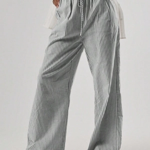 Pantaloni da Donna Casual a Righe Verticali a Gamba Larga Vita Alta Elastica Coulisse Pantaloni Lunghi Dritti Con Tasche