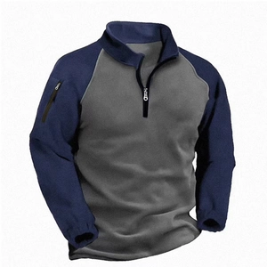 Men's navy and grey tactical fleece pullover with quarter zip and sleeve pocket