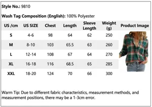 Detailed size guide for green plaid button-up V-neck shirt with polyester measurements