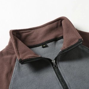 Men's thermal fleece pullover with half-zip, contrast brown and grey patchwork design