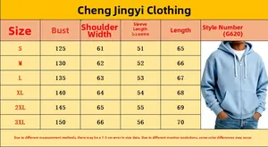 Detailed size chart for men hoodie showing bust and shoulder measurements from S to 3XL