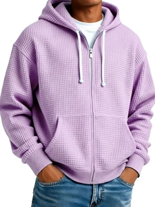 Detail shot of men's lavender waffle knit hoodie featuring zip closure and ribbed texture