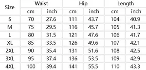 Detailed size chart for men wide leg sweatpants covering dimensions from S to 4XL in cm and inches