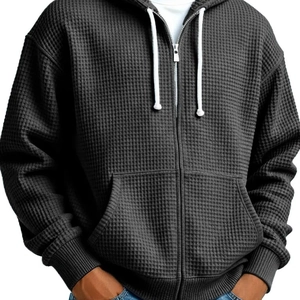 Men's dark gray waffle knit hoodie with full zipper and adjustable drawstring