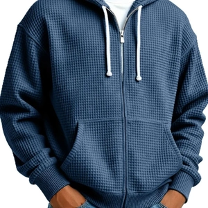 Men's navy blue waffle knit zip-up hoodie with front pockets and ribbed cuffs