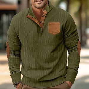 Men's olive green corduroy polo sweatshirt with brown pocket and elbow patches