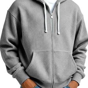 Men's grey waffle-knit hooded zip-up sweatshirt with white drawstrings and front pockets
