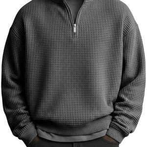 Sweat-shirt pour homme en maille gaufrée gris foncé avec demi-zip et coupe décontractée