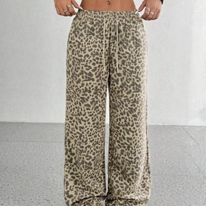 Pantaloni a Gamba Larga da Donna con Stampa Leopardata Vita Alta Coulisse Larghi in Misto Poliestere Elastan Casual Streetwear Pantaloni Lunghi alla Moda Autunno Primavera
