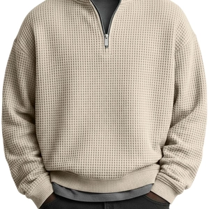 Sweat-shirt pour hommes en maille gaufrée avec quart de zip beige et col montant