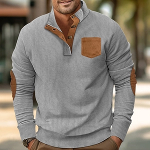 Men's light grey ribbed knit polo shirt with brown elbow patches and chest pocket